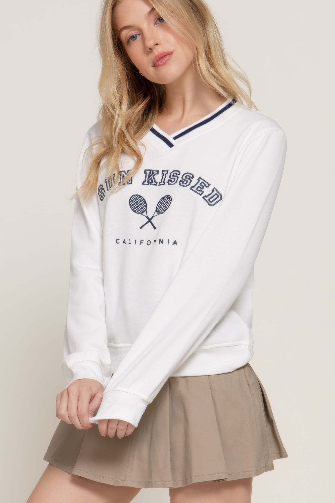 Long slv v-neck embroidered sweatshirt