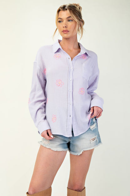 Embo detailed cotton gauze button down shirt