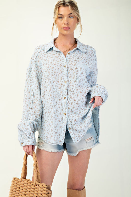 Printed cotton gauze button down woven shirt